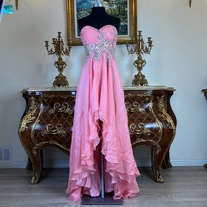 Women’s formal rhinestone pleated bodice high low skirt prom dress